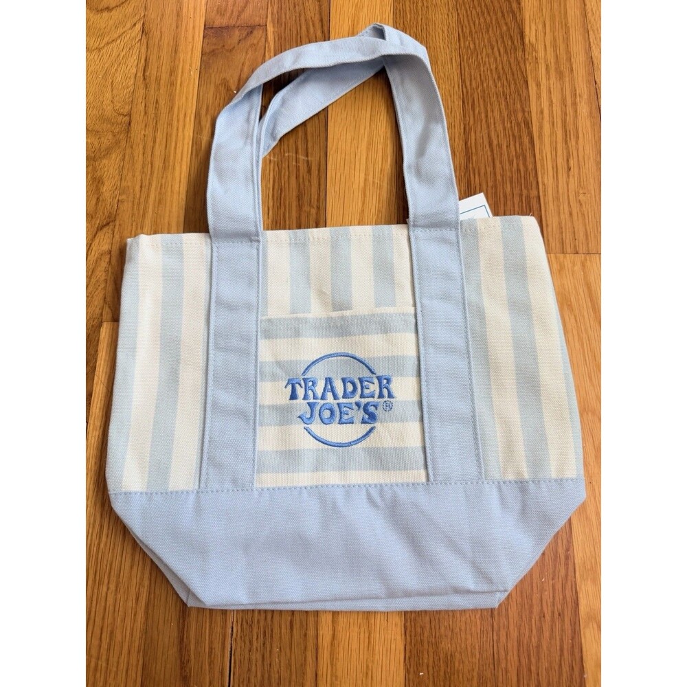 Trader Joe's Striped Mini Canvas Tote Bag - Light Blue/Cream NWT - Picture 5 of 8